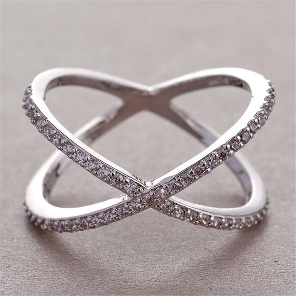 🎀 X Shape Manufactures Two Lines Cross Zircon Ring for Women, PD125 - Picture 1 of 8